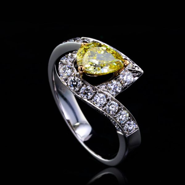 2.53 ct Diamonds, Engagement Ring With Natural Fancy Yellow Diamond 18K White Gold