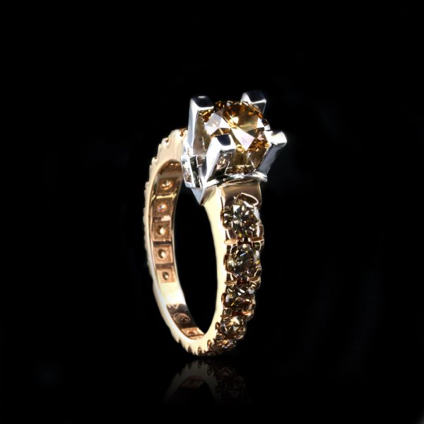 Designer Ring With Fancy Intense Yellowish Brown Diamond 18K Rose Gold