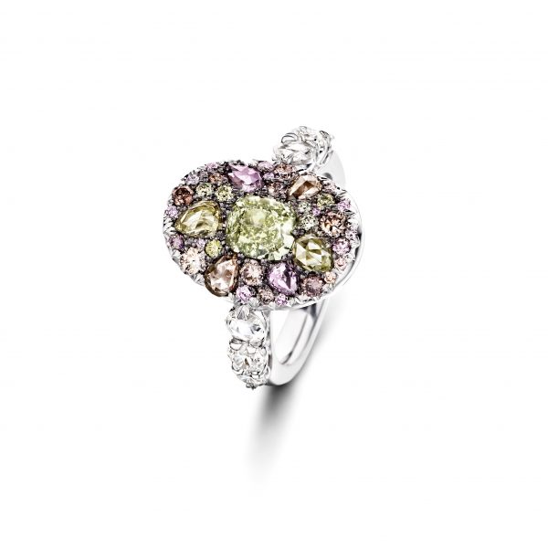 3.45 ct of diamonds. Designer Ring With Natural Fancy Color Diamond 18K White Gold