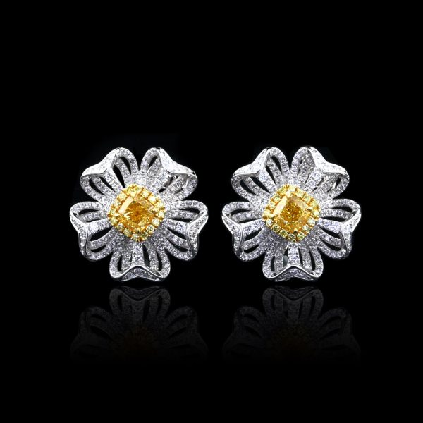 Designer handmade Earrings With Natural fancy Vivid Yellow Diamonds 18K White Gold.